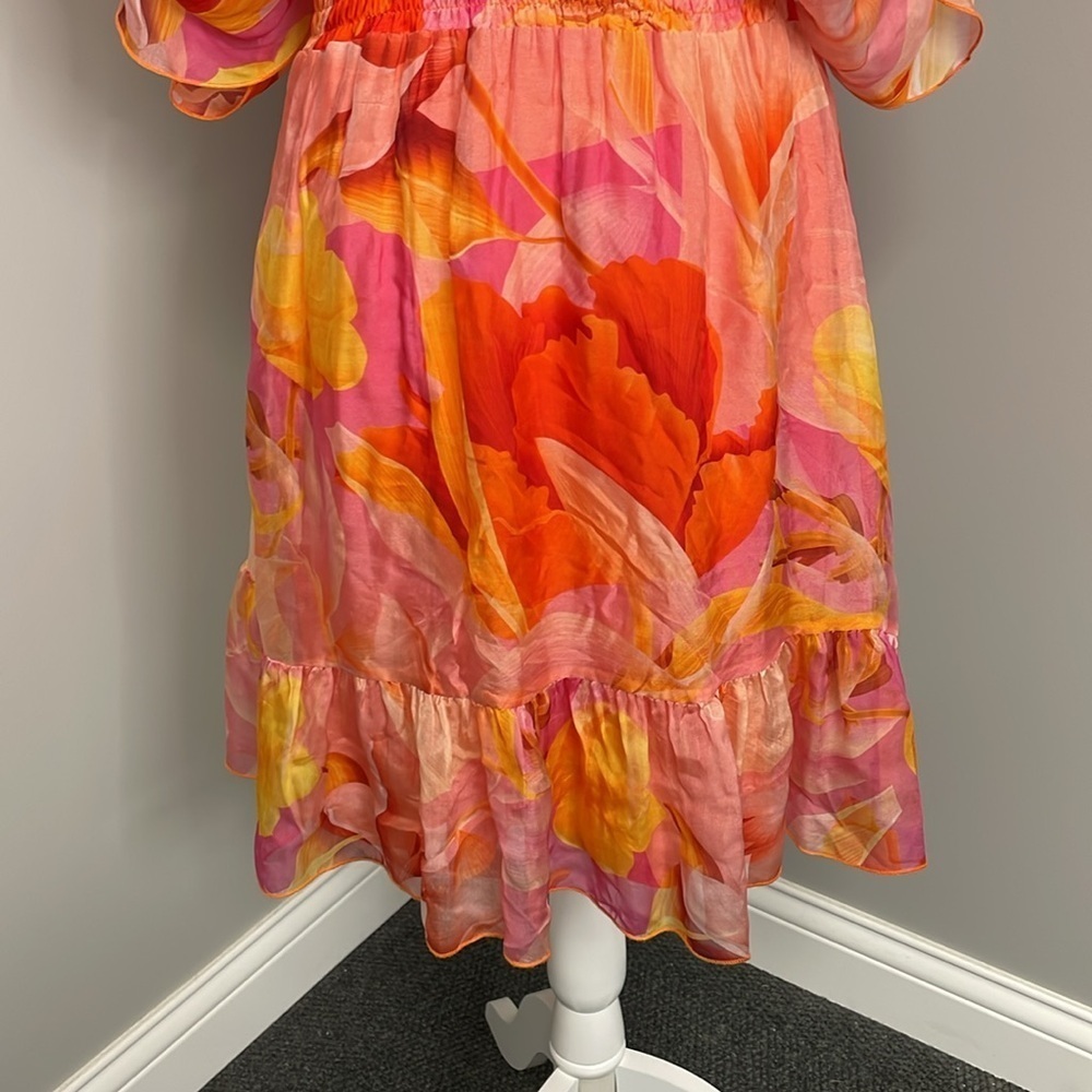 Liu Jo Pink Orange Floral Ruffle Mini Dress Silk Feminine Flowy Beach Resortwear - Picture 3 of 10